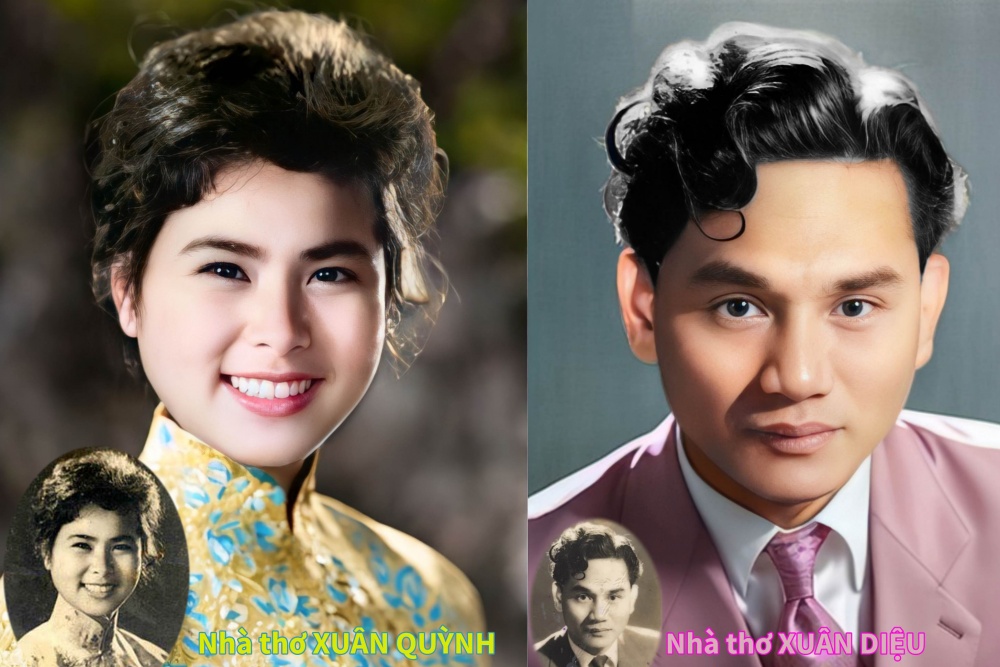Chân dung nhà thơ Xuân Quỳnh và nhà thơ Xuân Diệu (ảnh nhỏ là ảnh cũ, ảnh lớn là bức ảnh do người dùng sử dụng công cụ AI phục chế)