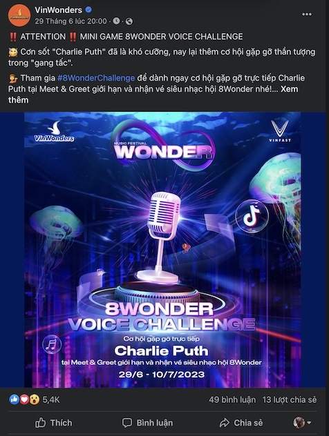 VinWonders công bố cuộc thi “8Wonder Voice Challenge” trên fanpage VinWonders công bố cuộc thi “8Wonder Voice Challenge” trên fanpage