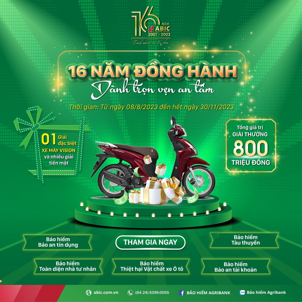Bảo hiểm Agribank kỷ niệm 16 năm thành lập với chương trình khuyến mãi hấp dẫn