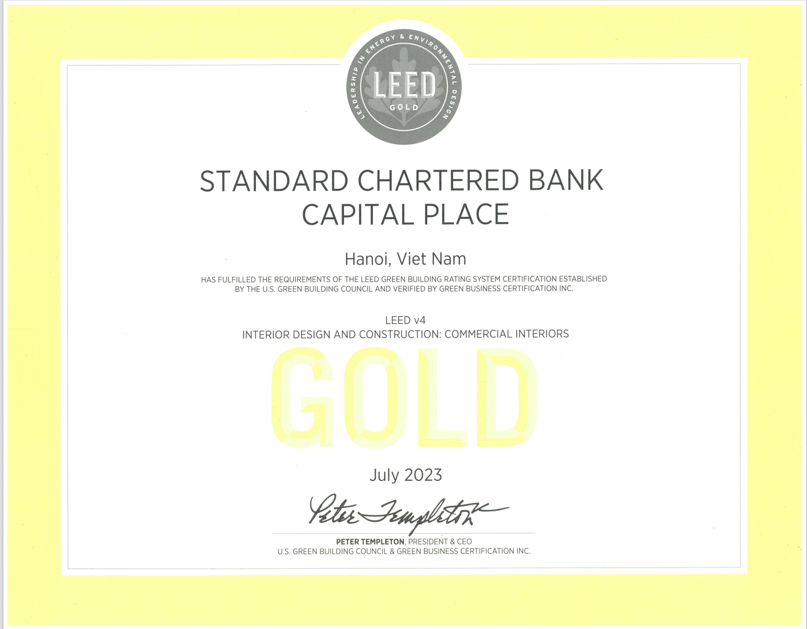 Standard Chartered Việt Nam nhận chứng chỉ LEED Gold Standard Chartered Việt Nam nhận chứng chỉ LEED Gold