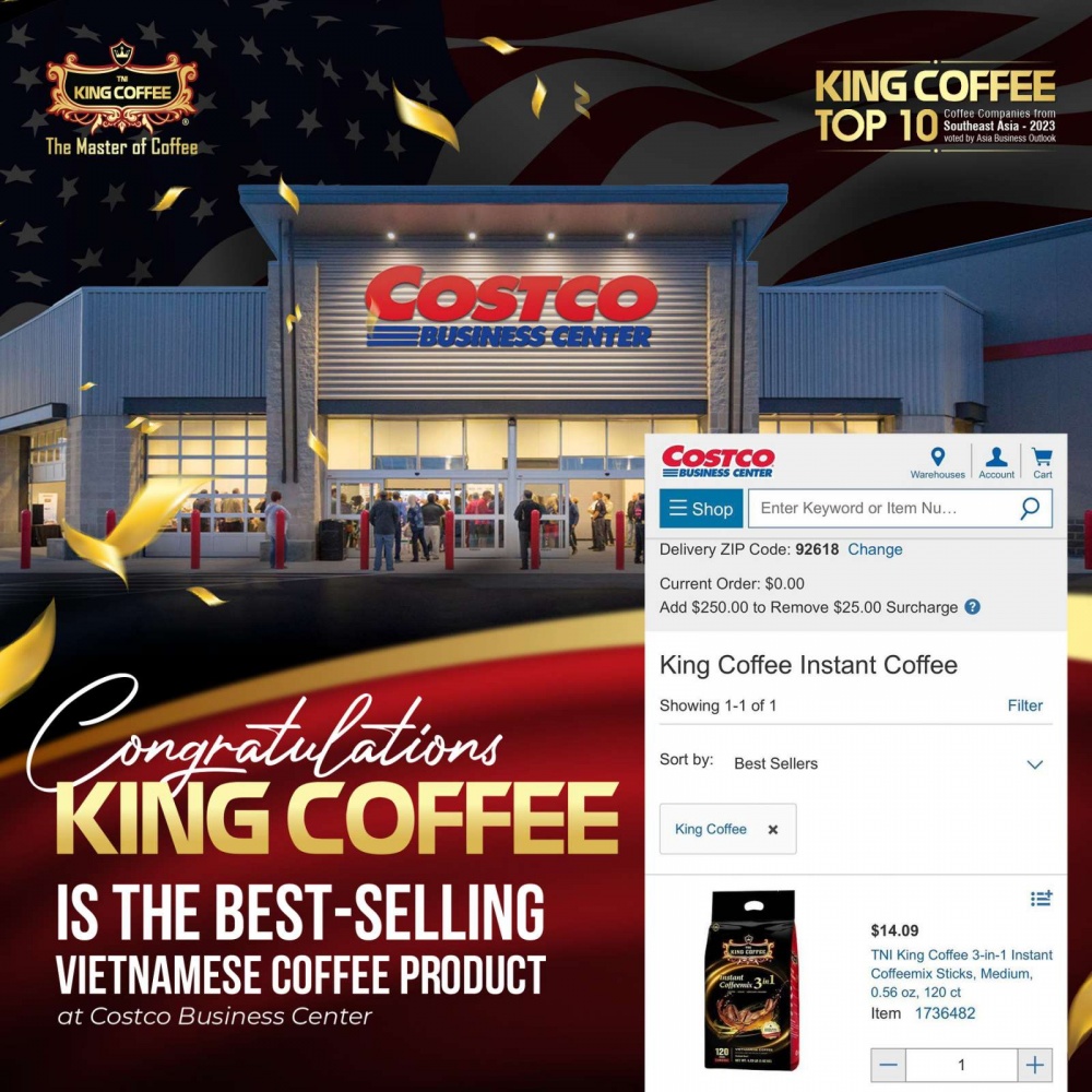 Sản phẩm cà phê hòa 3in1 của King Coffee đã trở thành một trong những sản phẩm được tìm mua và bán chạy nhất trên kệ hệ thống nhà bán buôn sỉ lớn nhất nước Mỹ. Sản phẩm cà phê hòa 3in1 của King Coffee đã trở thành một trong những sản phẩm được tìm mua và bán chạy nhất trên kệ hệ thống nhà bán buôn sỉ lớn nhất nước Mỹ.