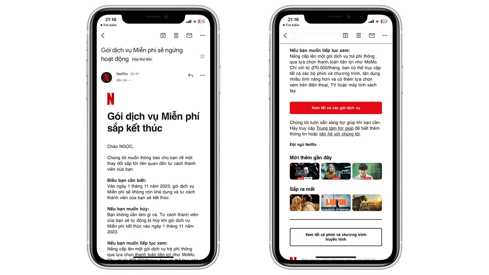 Email của Netflix gửi tới người dùng sử dụng gói Miễn phí