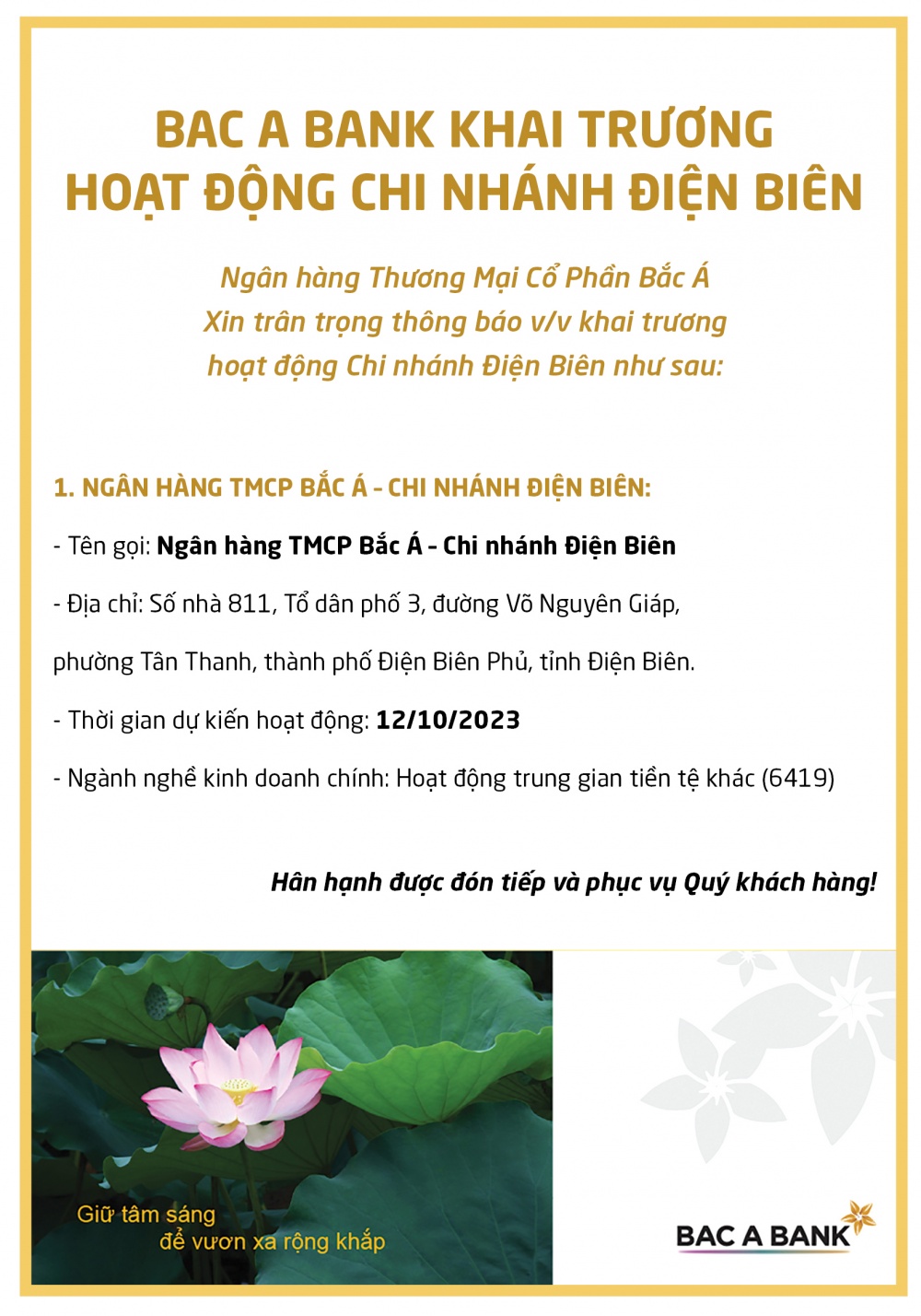 Ngân hàng Thương Mại Cổ Phần Bắc Á thông báo khai trương hoạt động Chi nhánh Điện Biên