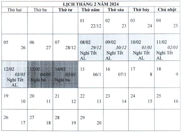 Sẽ trình phương án nghỉ Tết Nguyên đán năm 2024 từ 29 tháng Chạp | Xã hội | Vietnam+ (VietnamPlus) Sẽ trình phương án nghỉ Tết Nguyên đán năm 2024 từ 29 tháng Chạp | Xã hội | Vietnam+ (VietnamPlus)
