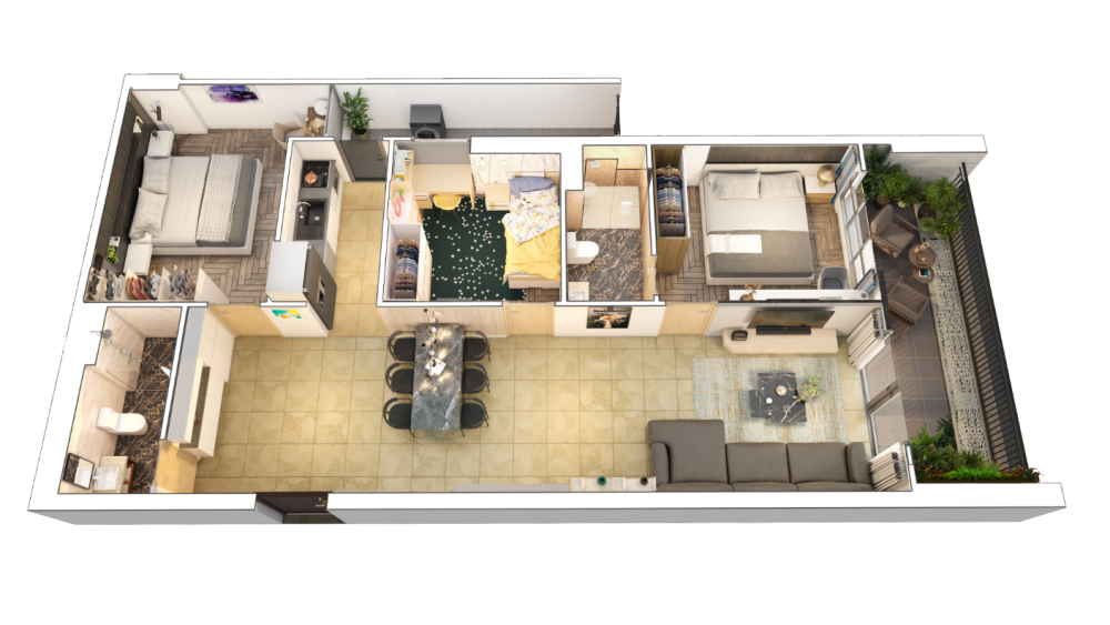 Mặt bằng căn hộ 3PN Zen Tower – Feliz Homes