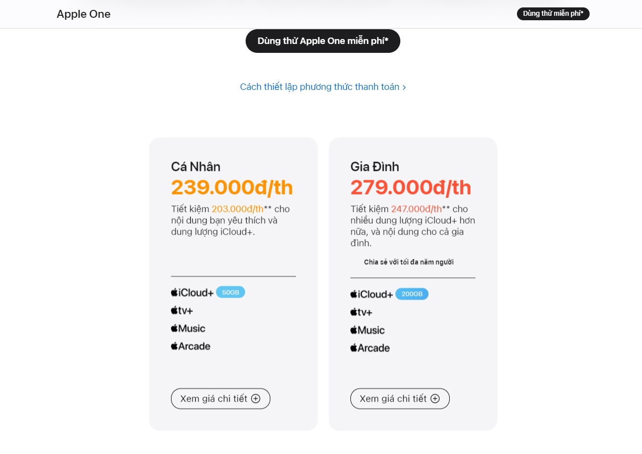 Giá dịch vụ Apple One trên trang chủ Apple Việt Nam Giá dịch vụ Apple One trên trang chủ Apple Việt Nam