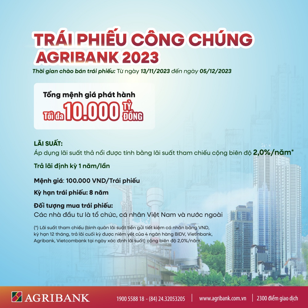 Agribank phát hành 10.000 tỷ đồng trái phiếu ra công chúng năm 2023 Agribank phát hành 10.000 tỷ đồng trái phiếu ra công chúng năm 2023