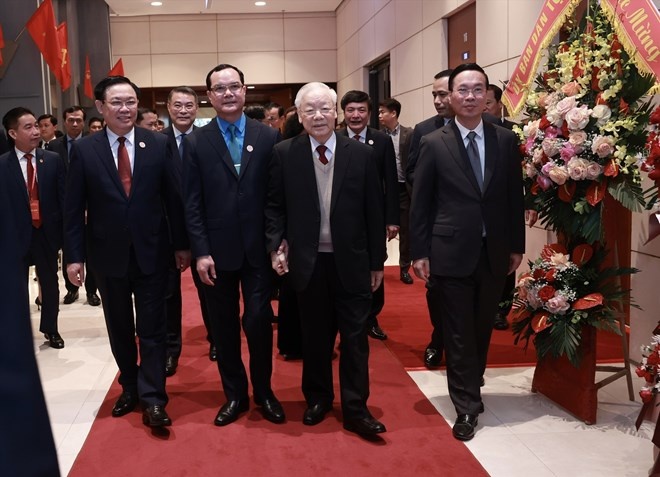 Tổng Bí thư Nguyễn Phú Trọng, Chủ tịch nước Võ Văn Thưởng, Chủ tịch Quốc hội Vương Đình Huệ dự Đại hội XIII Công đoàn Việt Nam.