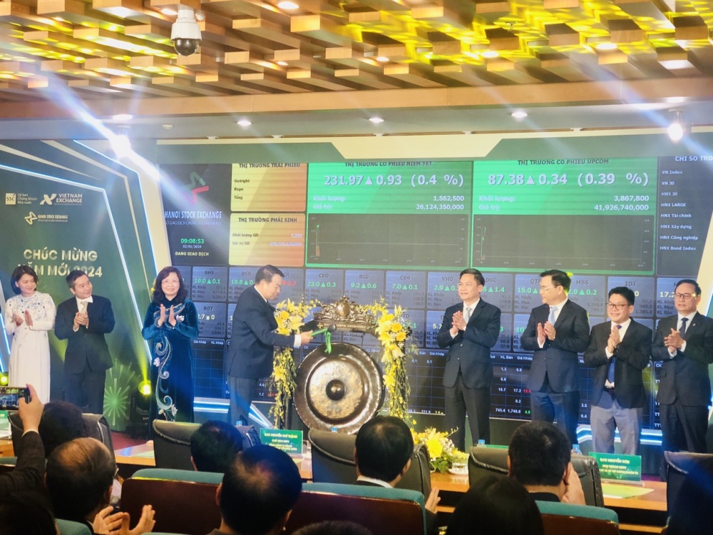 Thứ trưởng Bộ Tài chính Nguyễn Đức Chi đánh cồng khai trương phiên giao dịch đầu năm mới