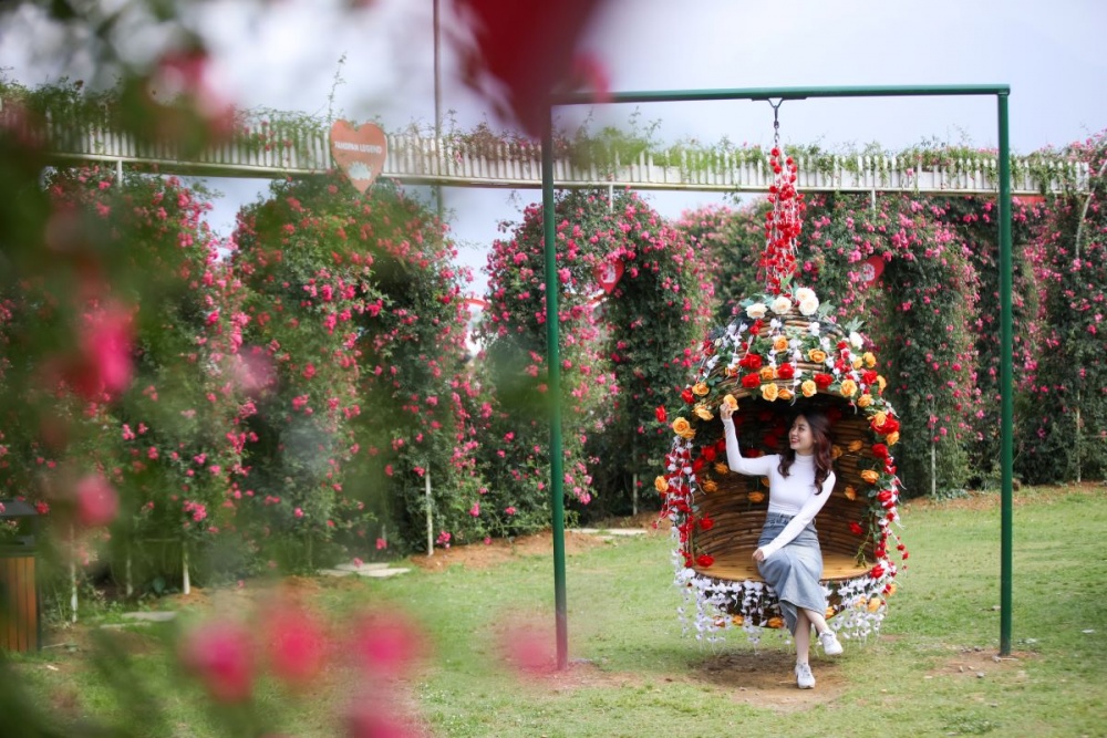 Du khách tha hồ check in với những tiểu cảnh hoa hồng xinh đẹp tại lễ hội.