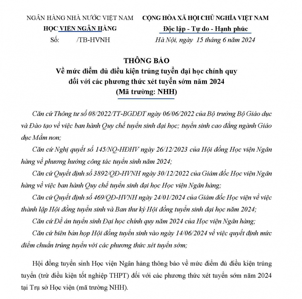 Học viện Ngân hàng thông báo mức điểm đủ điều kiện trúng tuyển đại học chính quy đối với các phương thức xét tuyển sớm năm 2024