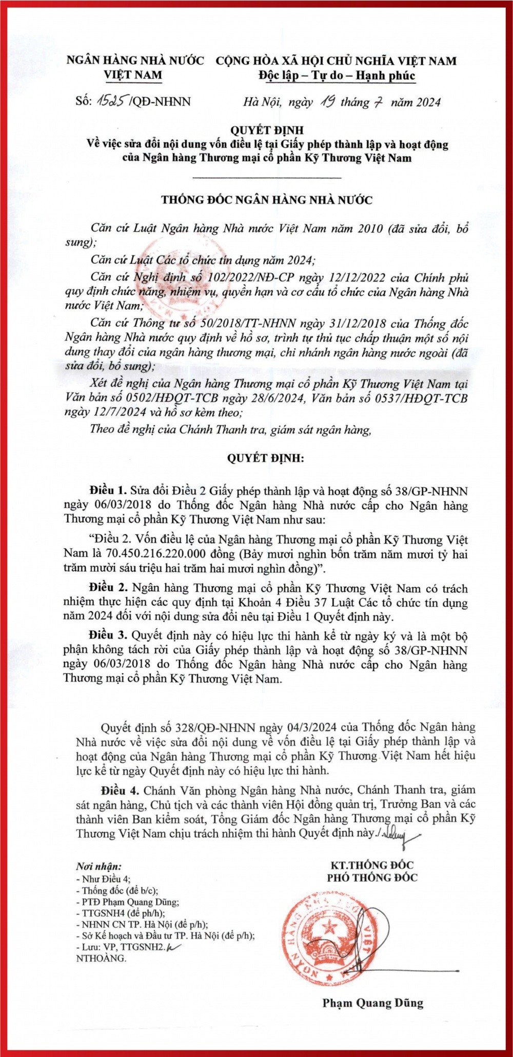 Sửa đổi nội dung vốn điều lệ tại Giấy phép thành lập và hoạt động của NHTMCP Kỹ Thương Việt Nam
