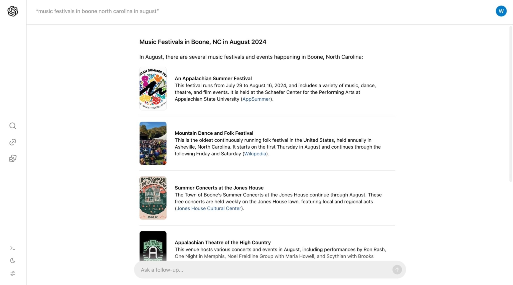 Giao diện của SearchGPT khi tìm kiếm thông tin