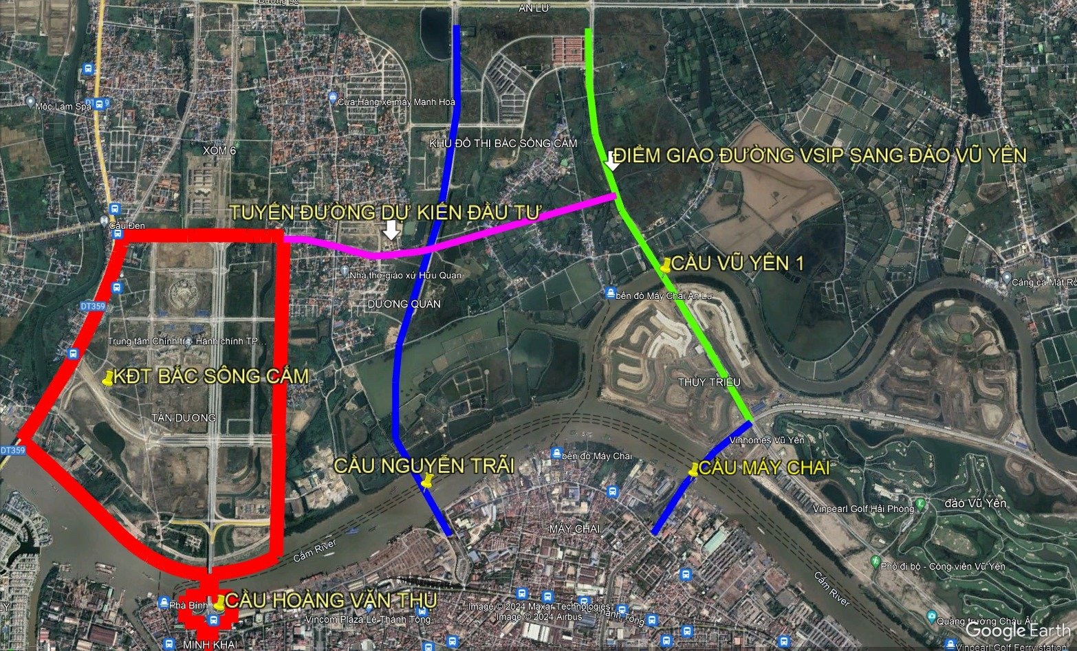 Tuyến đường mới (màu hồng) nối đường Đỗ Mười với đường ra đảo Vũ Yên sẽ gia tăng kết nối thông suốt từ mọi hướng tới Vinhomes Royal Island (Ảnh: CTTĐT TP Hải Phòng)