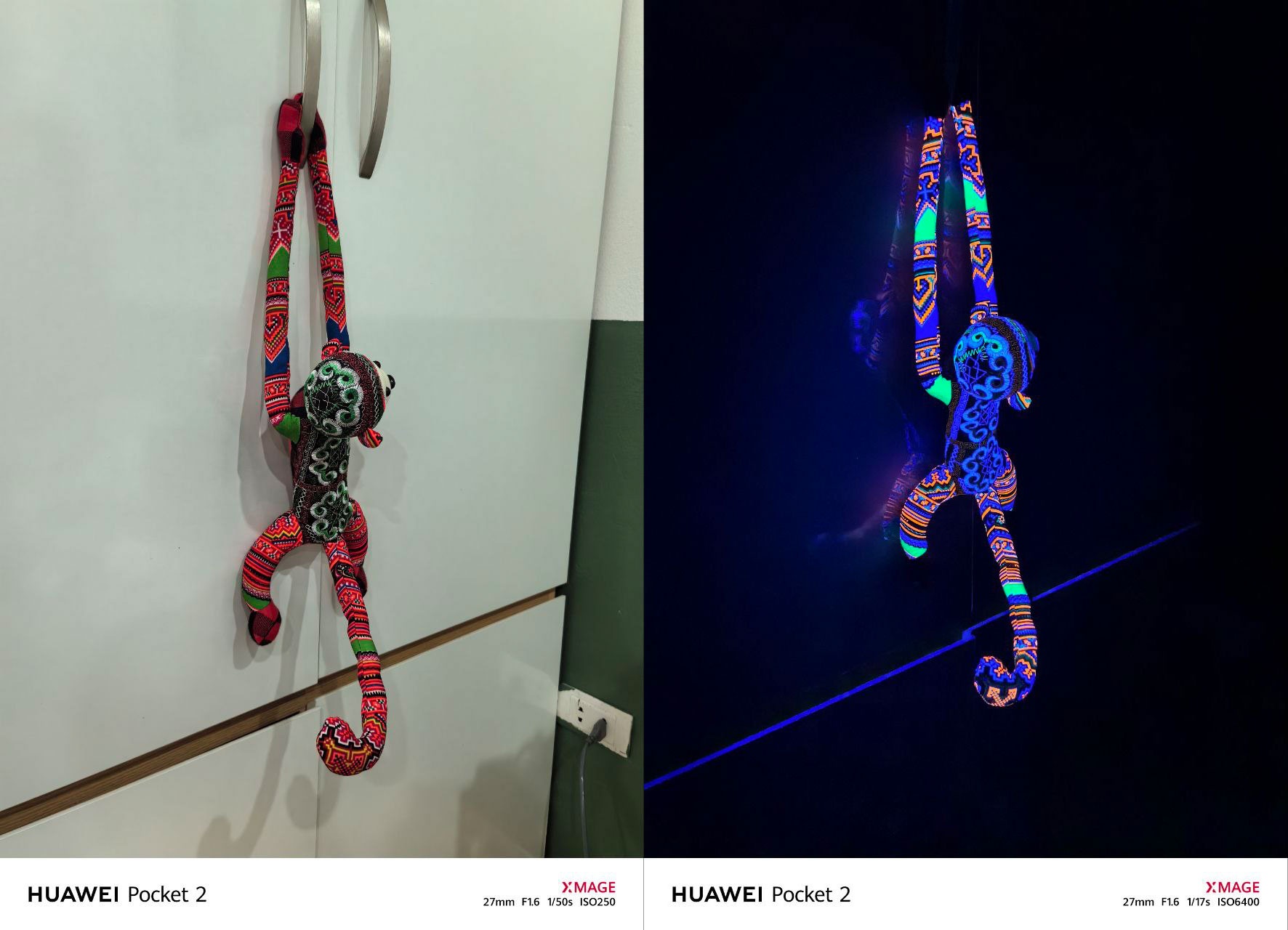 Ảnh chụp thông thường (trái) và ảnh chụp bằng chế độ Huỳnh quang (phải)