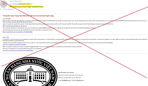 Cảnh báo mạo danh NHNN để gửi đường link cập nhật thông tin sinh trắc học Cảnh báo mạo danh NHNN để gửi đường link cập nhật thông tin sinh trắc học