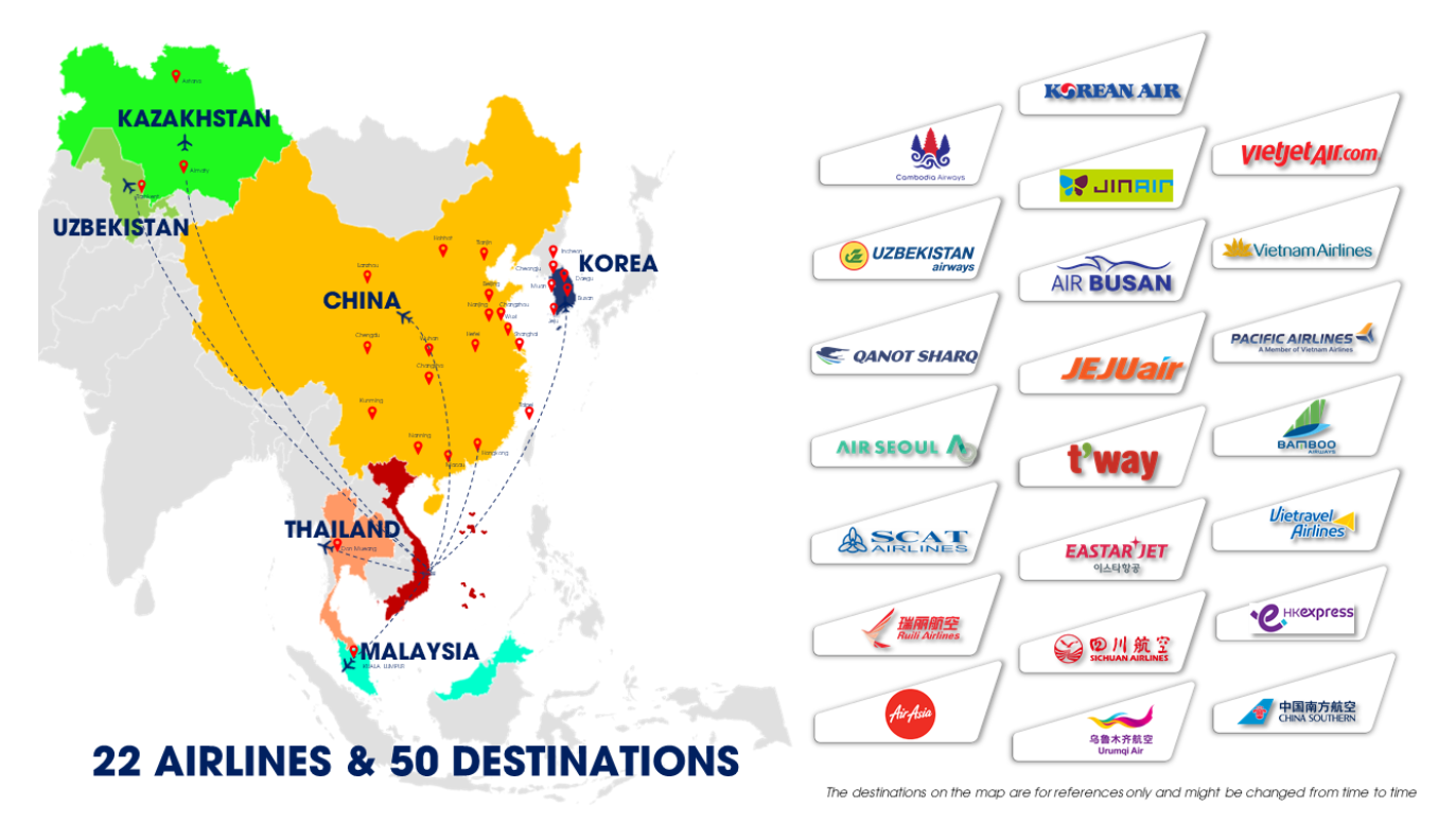 Sân bay quốc tế Cam Ranh hiện hợp tác với 22 hãng hàng không, kết nối 50 đường bay 