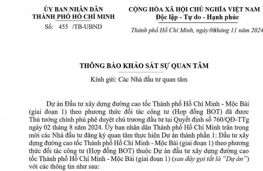 Mời nhà đầu tư quan tâm dự án Cao tốc TP. Hồ Chí Minh – Mộc Bài