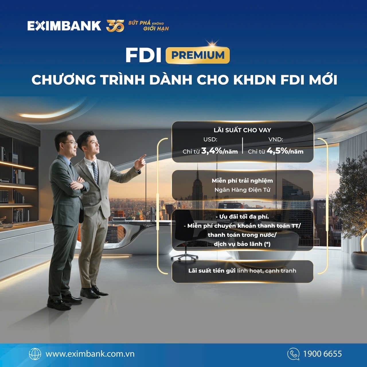 Eximbank triển khai gói combo ưu đãi tín dụng “FDI Premium” và “FDI Priority” với nhiều chính sách hấp dẫn. Eximbank triển khai gói combo ưu đãi tín dụng “FDI Premium” và “FDI Priority” với nhiều chính sách hấp dẫn.