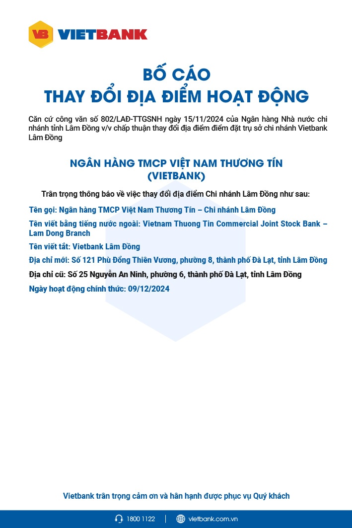 Vietbank: Bố cáo thay đổi địa điểm hoạt động chi nhánh Lâm Đồng
