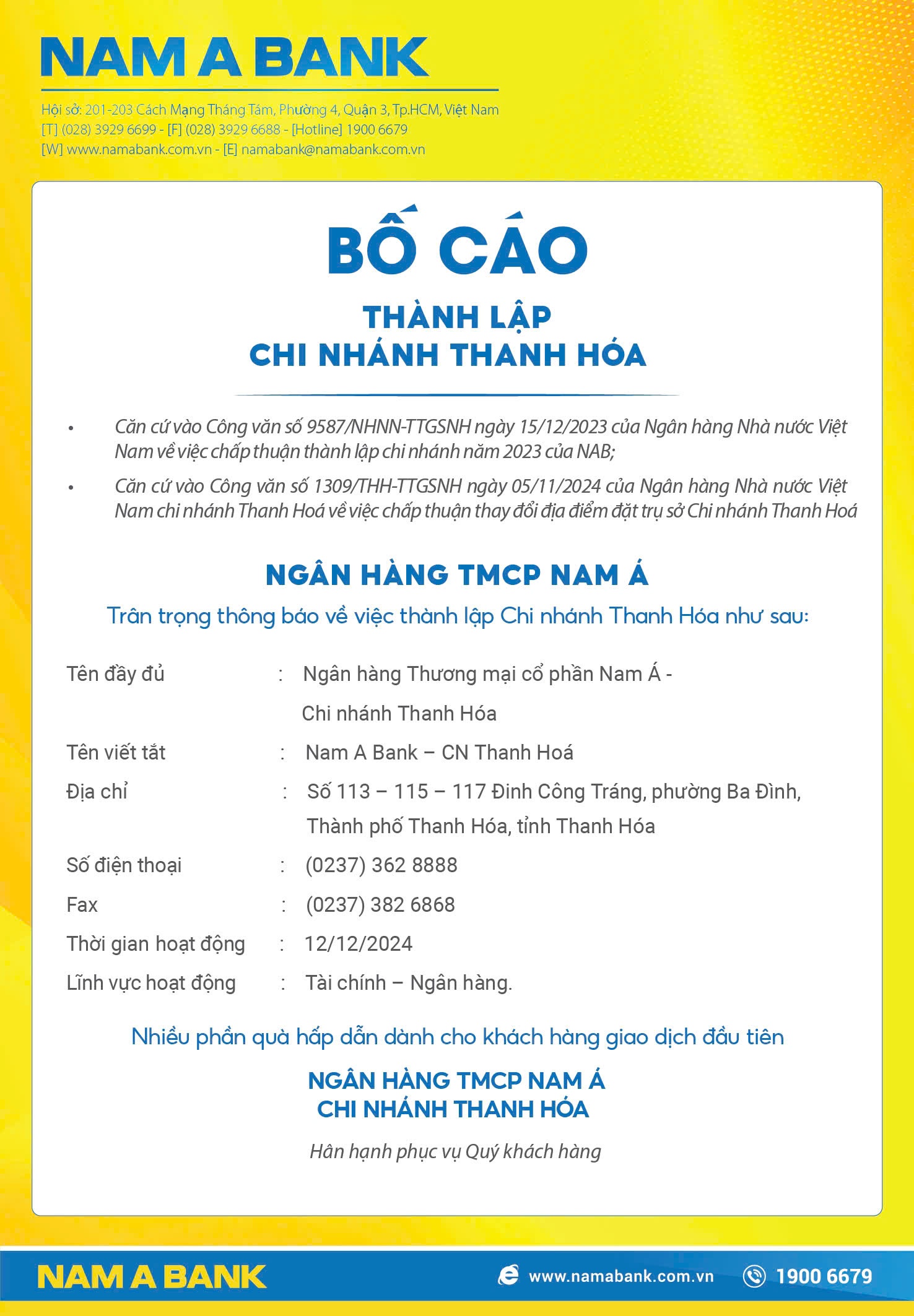 Nam A Bank: Bố cáo thành lập chi nhánh Thanh Hóa