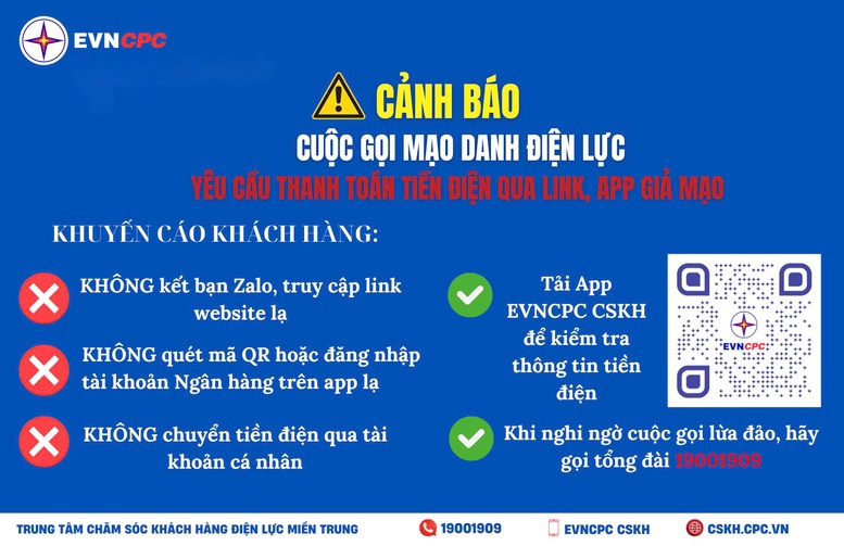 EVNCPC cảnh báo về việc thanh toán tiền điện qua link, app giả mạo do kẻ giải danh nhân viên điện lực cung cấp.