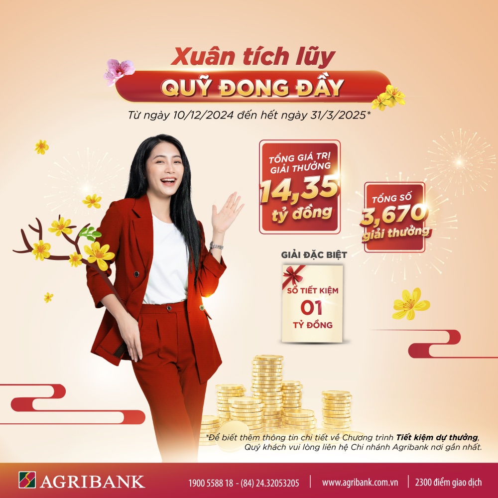 Cơ hội trúng 1 tỷ đồng khi tham gia Tiết kiệm dự thưởng “Xuân tích lũy - Quỹ đong đầy” của Agribank Cơ hội trúng 1 tỷ đồng khi tham gia Tiết kiệm dự thưởng “Xuân tích lũy - Quỹ đong đầy” của Agribank