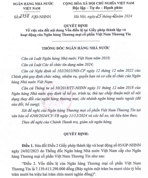 Vietbank được chấp thuận sửa đổi nội dung vốn điều lệ tại giấy phép thành lập và hoạt động