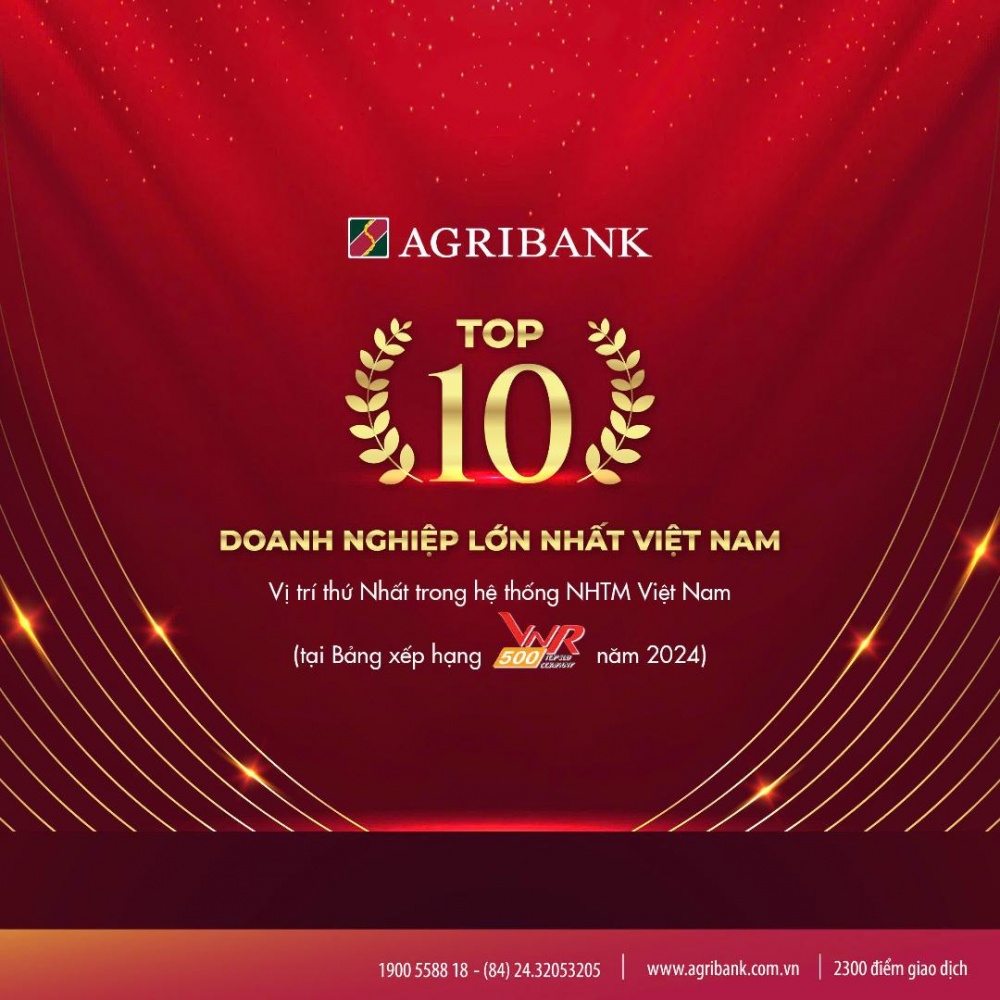 Agribank 8 năm liên tiếp trong TOP 10 Doanh nghiệp lớn nhất Việt Nam năm 2024