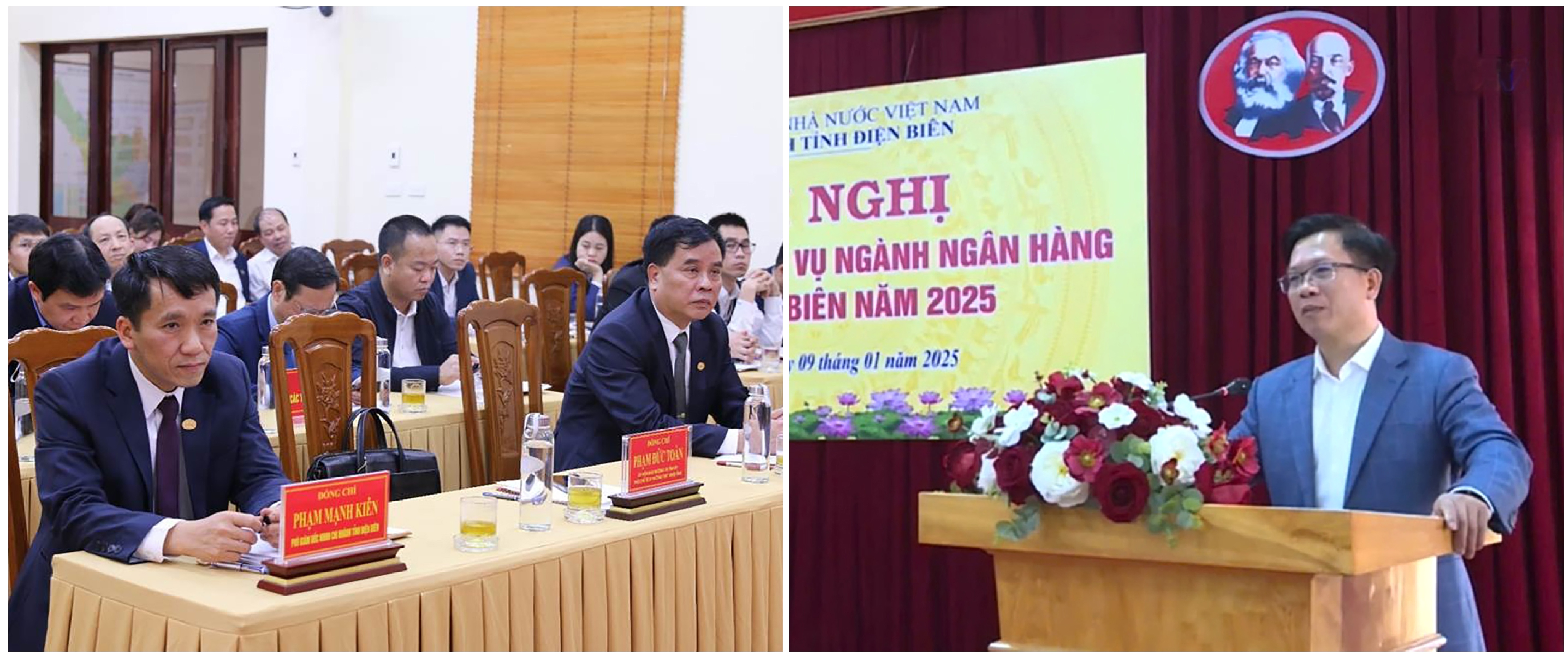 Đồng chí Phạm Đức Toàn (ảnh bên phải), Ủy viên BTV Tỉnh ủy, Phó Chủ tịch Thường trực UBND tỉnh phát biểu chỉ đạo tại Hội nghị triển khai nhiệm vụ ngành Ngân hàng tỉnh Điện Biên năm 2025