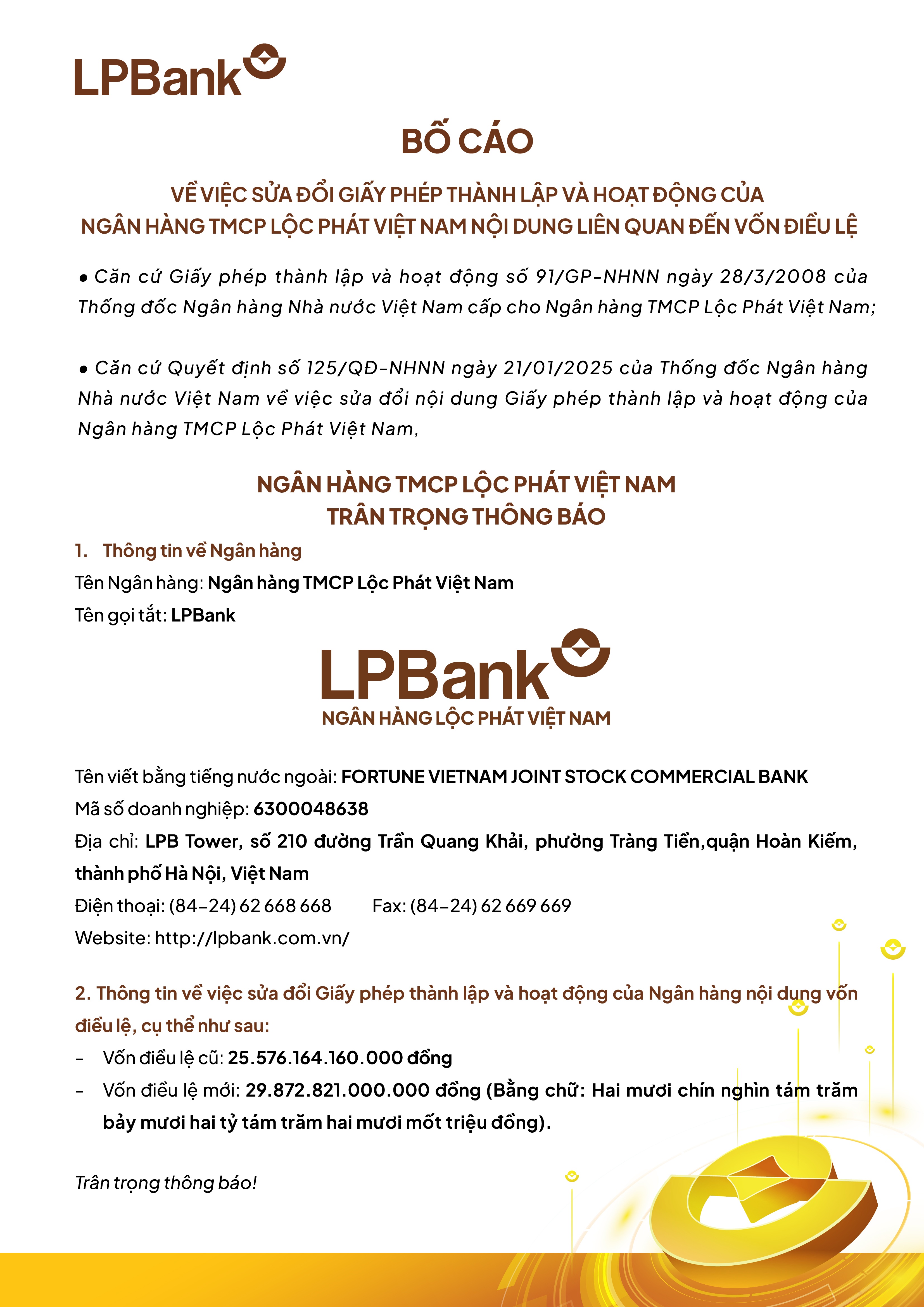 LPBank bố cáo sửa đổi giấy phép thành lập và hoạt động