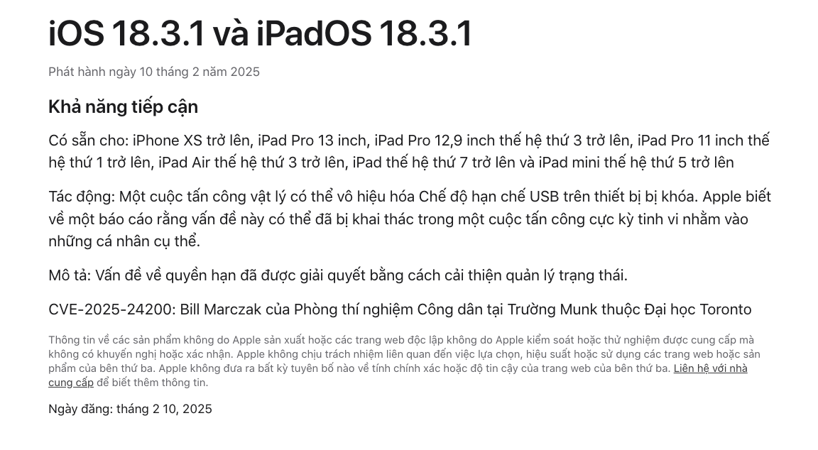 Apple phát hành iOS 18.3.1 để vá lỗ hổng nghiêm trọng ở trên iPhone