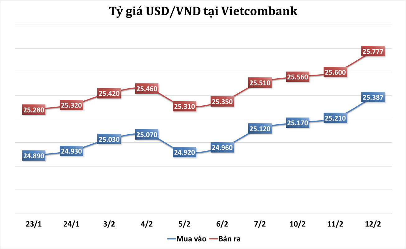 Sáng 12/2: Tỷ giá trung tâm tiếp tục tăng 28 đồng