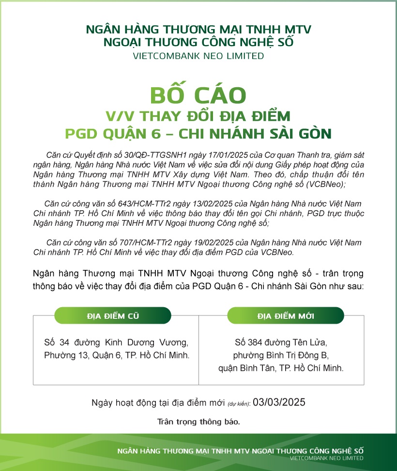 VCBNeo: Bố cáo thay đổi địa đểm PGD Quận 6 - Chi nhánh Sài Gòn