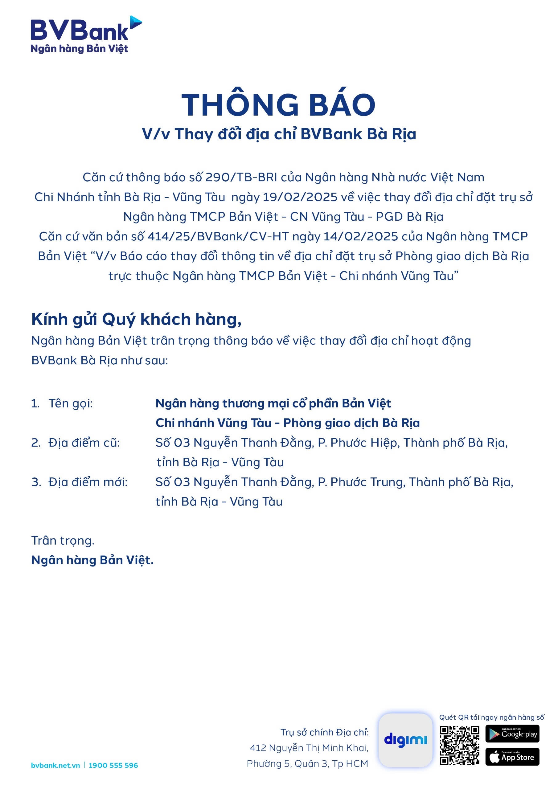 BVBank: Thông báo thay đổi địa chỉ BVBank Bà Rịa BVBank: Thông báo thay đổi địa chỉ BVBank Bà Rịa