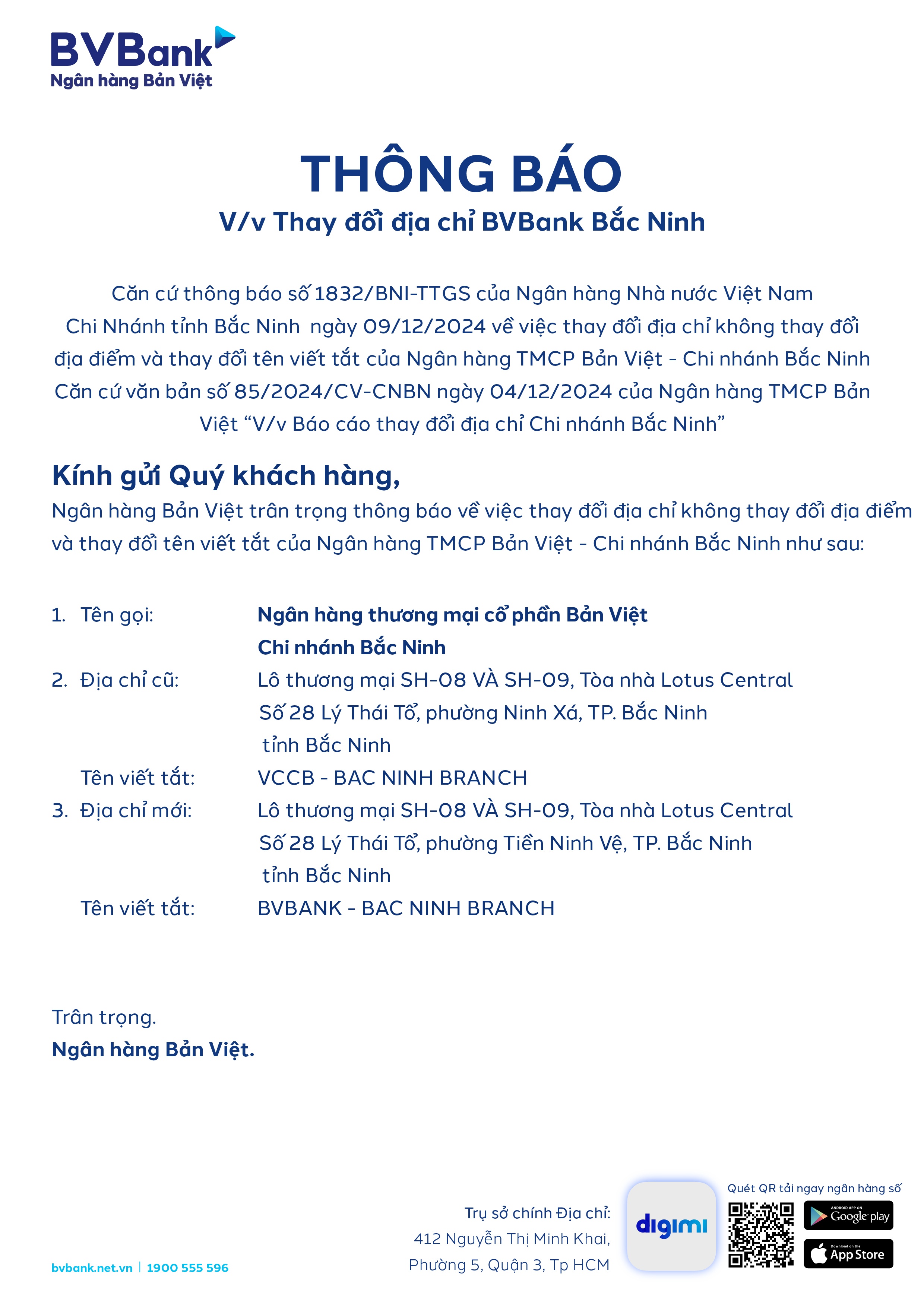 BVBank: Thông báo thay đổi địa chỉ BVBank Bắc Ninh