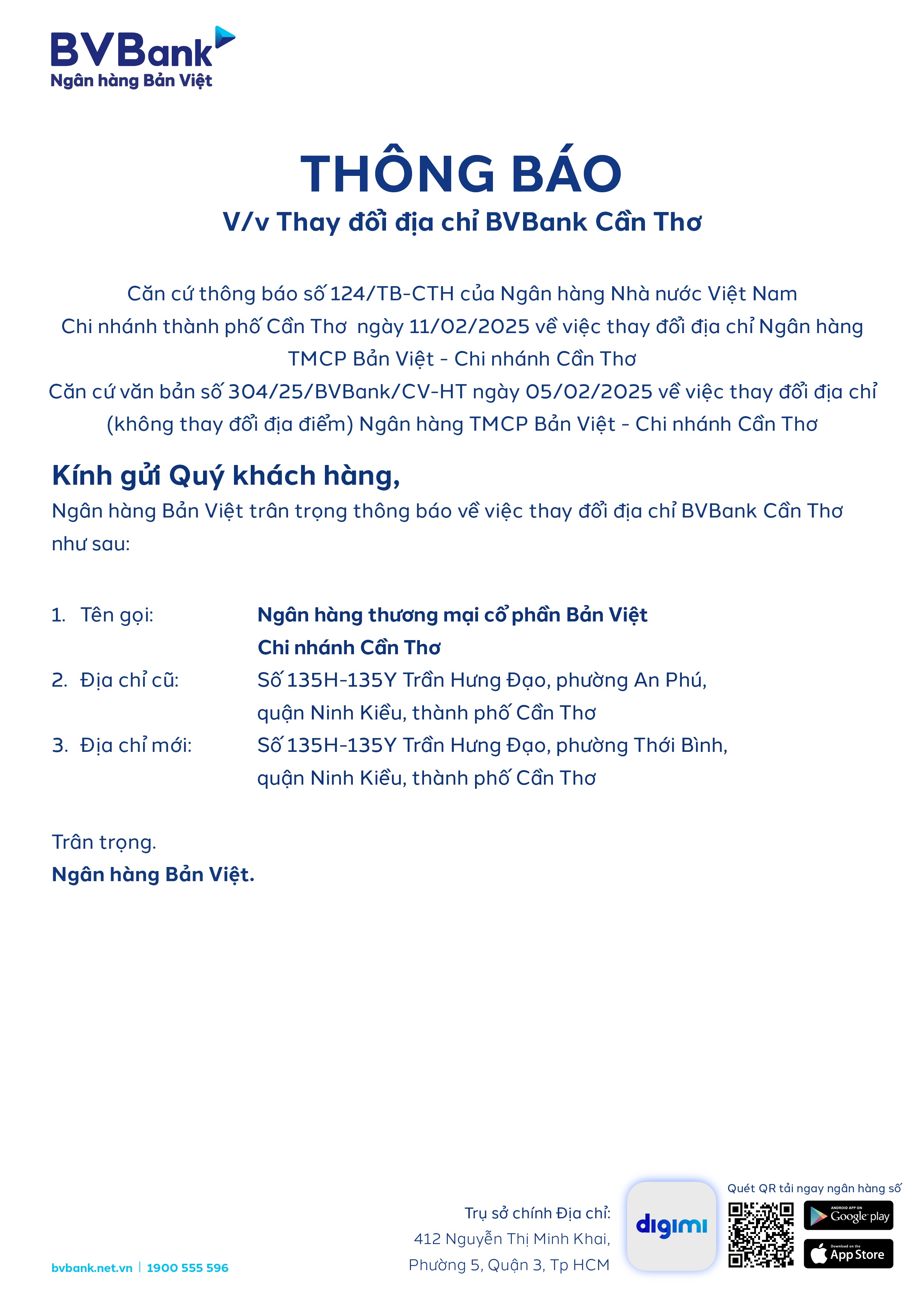 BVBank: Thông báo thay đổi địa chỉ BVBank Cần Thơ
