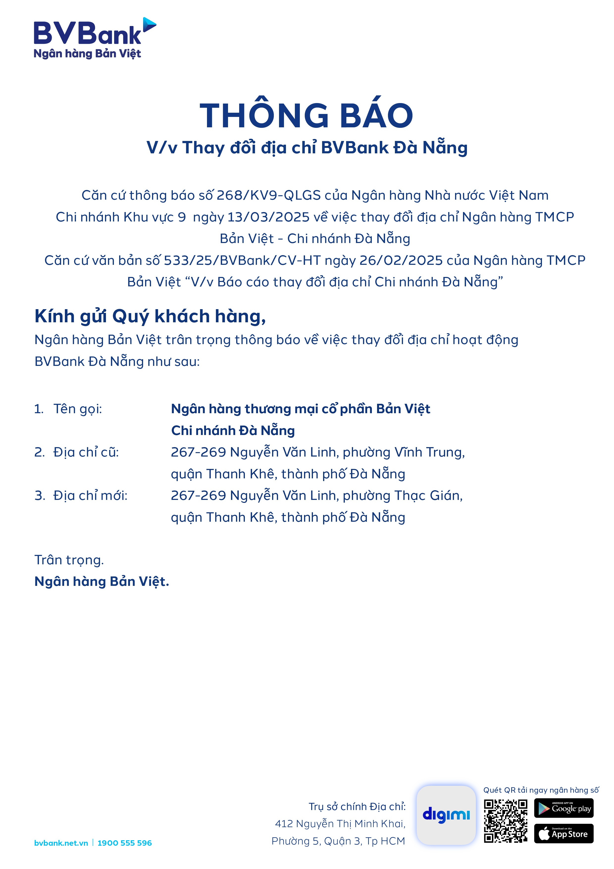 BVBank: Thay đổi địa chỉ BVBank Đà Nẵng
