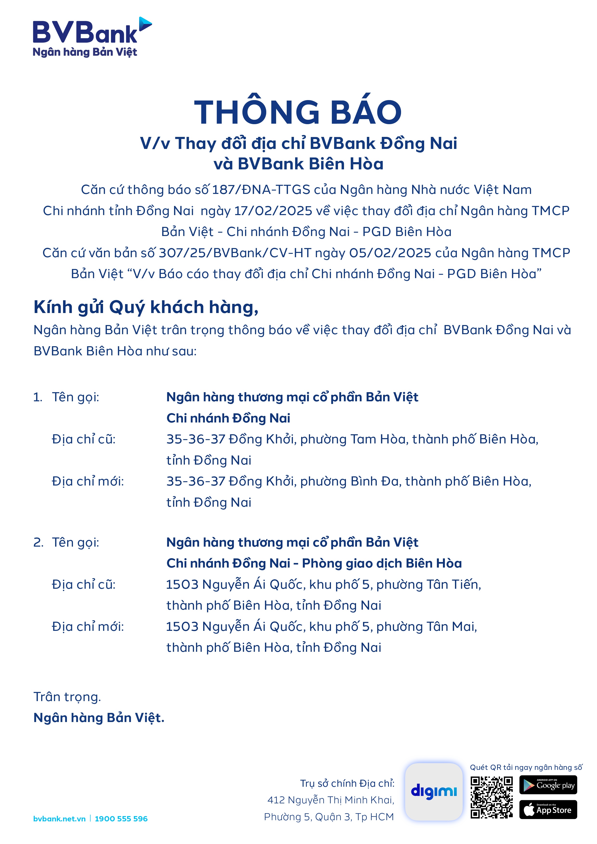 Thông báo thay đổi địa chỉ BVBank Đồng Nai và BVBank Biên Hòa