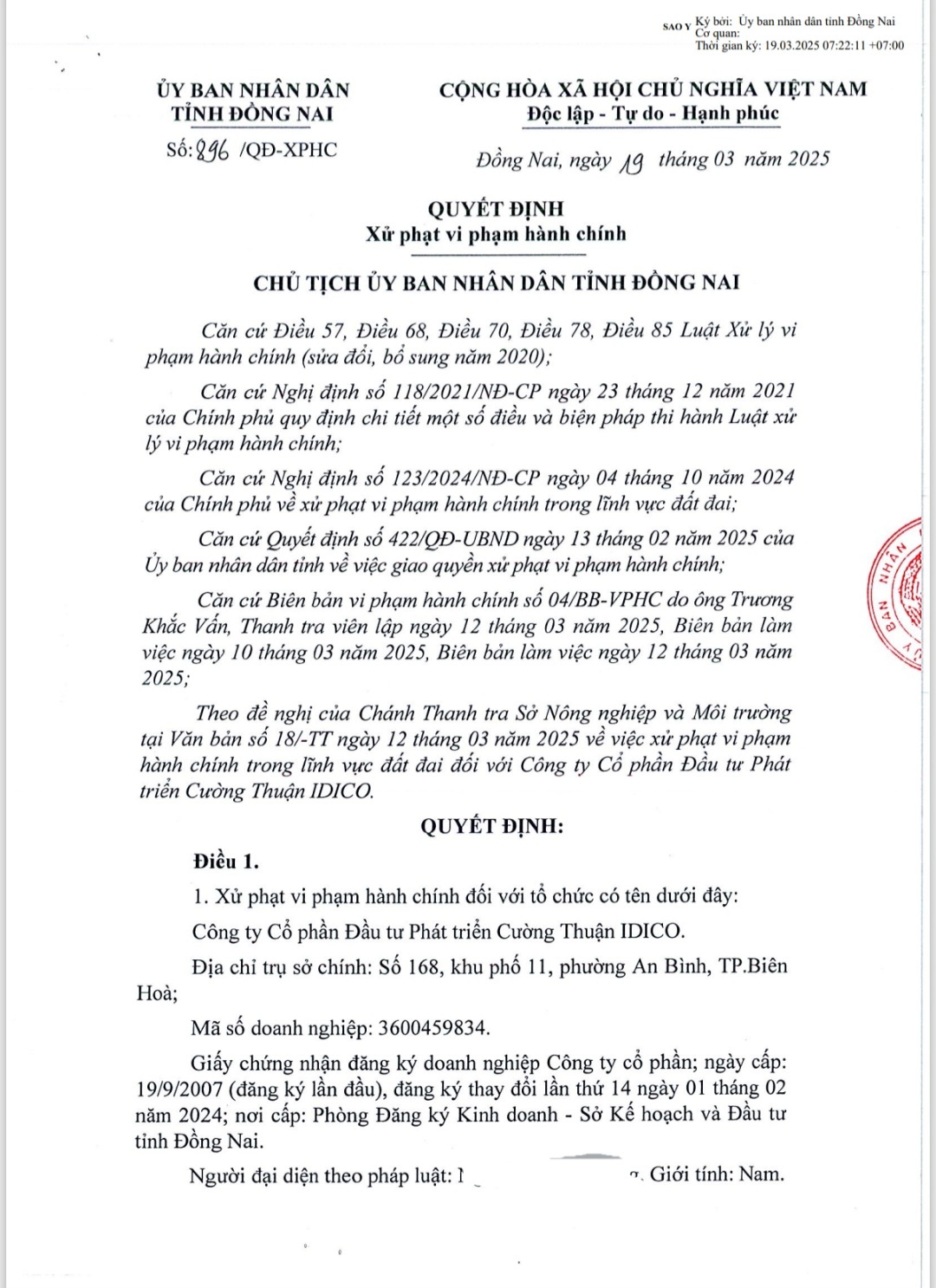 Quyết định xử phạt của UBND tỉnh Đồng Nai Quyết định xử phạt của UBND tỉnh Đồng Nai