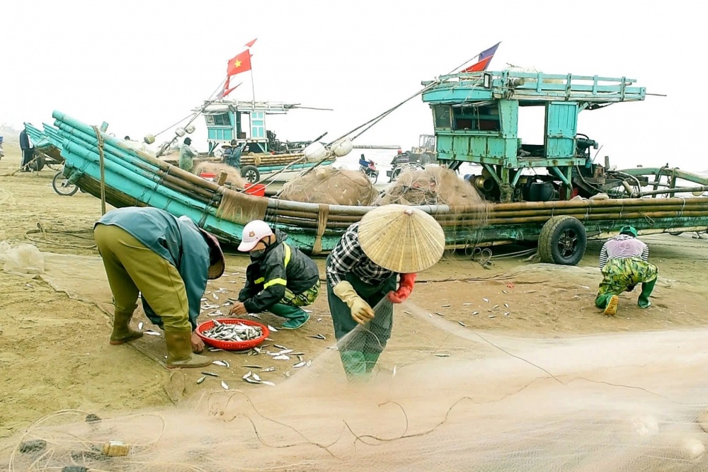 Bà con vừa gỡ cá, vừa sắp xếp lưới chuẩn bị cho chuyến ra khơi tiếp theo