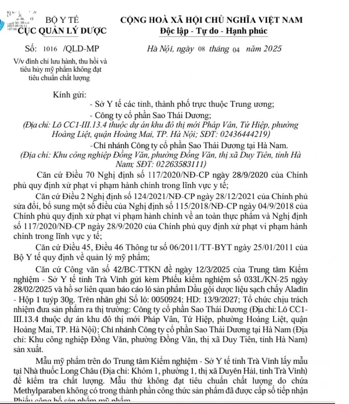 Dầu gội trị chấy Aladin của Sao Thái Dương bị đình chỉ, thu hồi khẩn cấp do không đạt chất lượng