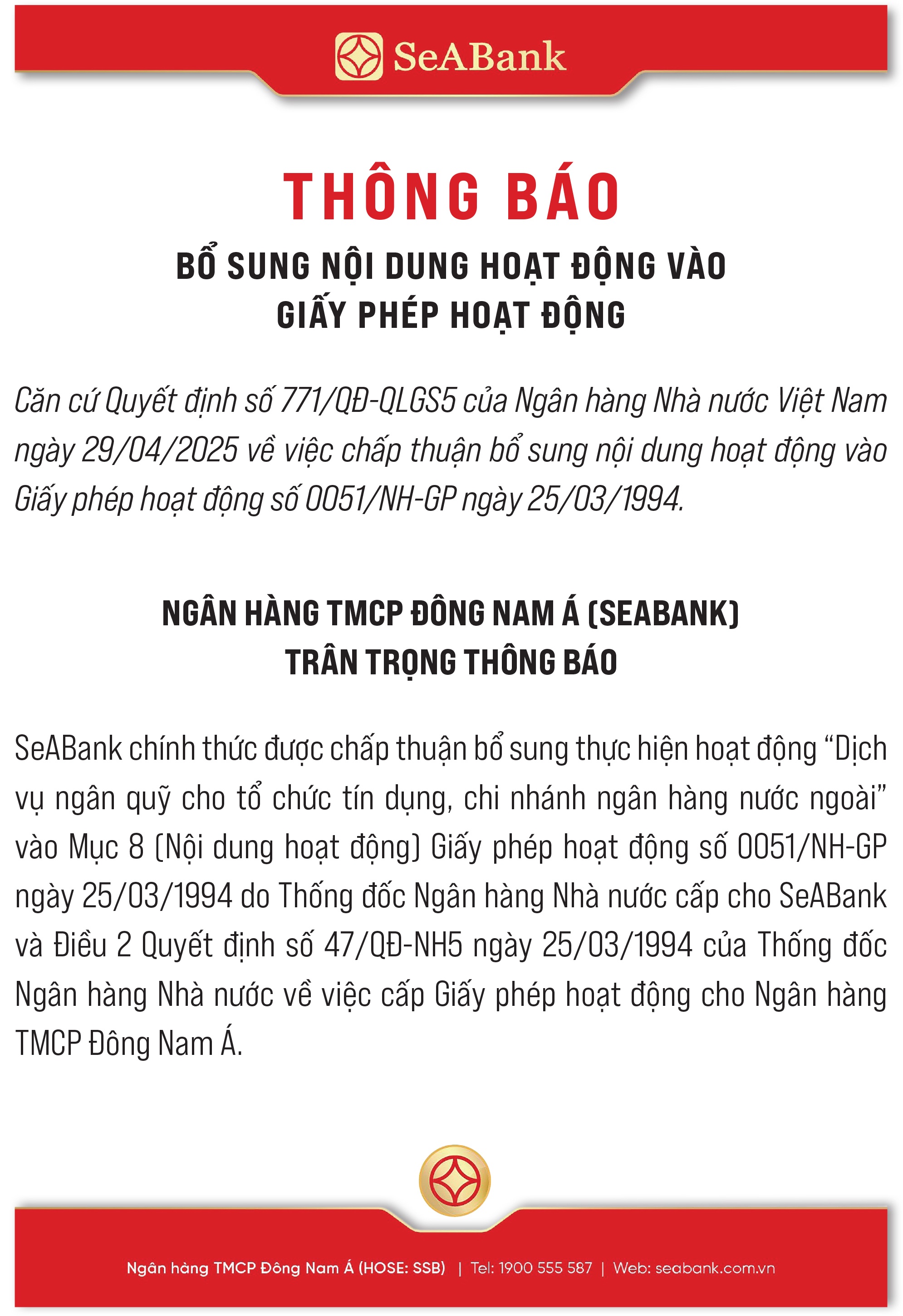 Ngân hàng TMCP Đông Nam Á (SeABank) trân trọng thông báo Ngân hàng TMCP Đông Nam Á (SeABank) trân trọng thông báo