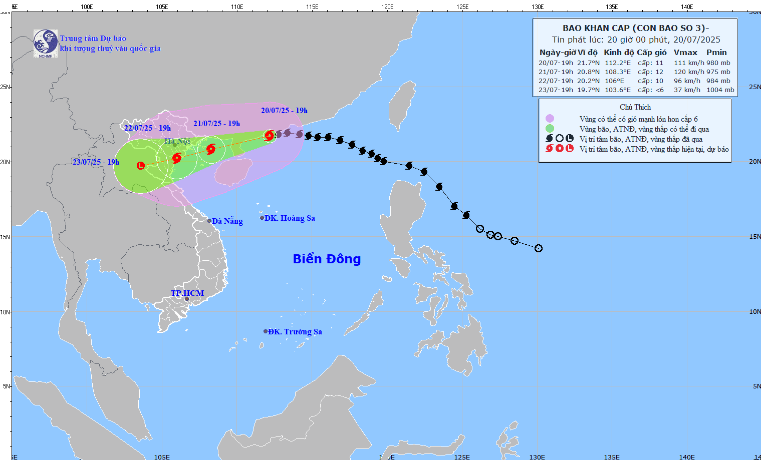 Dự báo bão số 3 sẽ ảnh hưởng đến Bắc Bộ và Bắc Trung Bộ từ chiều tối ngày 21/7, gây gió mạnh, mưa lớn - Ảnh: Trung tâm Dự báo Khí tượng thủy văn quốc gia Dự báo bão số 3 sẽ ảnh hưởng đến Bắc Bộ và Bắc Trung Bộ từ chiều tối ngày 21/7, gây gió mạnh, mưa lớn - Ảnh: Trung tâm Dự báo Khí tượng thủy văn quốc gia