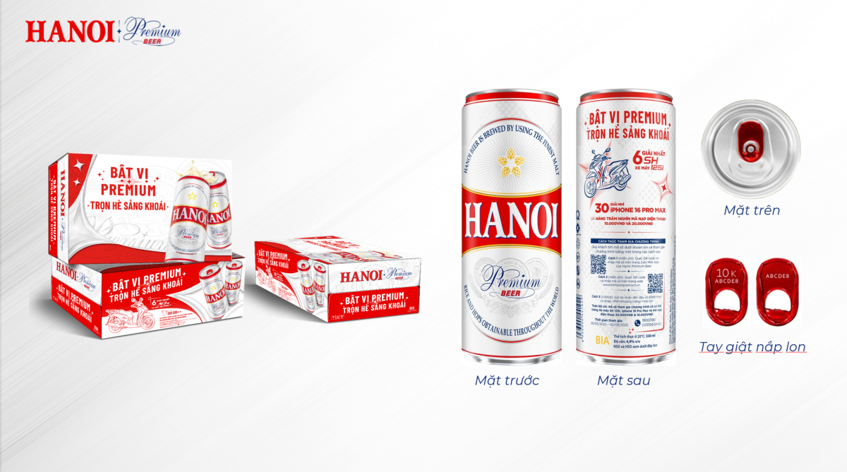 Bao bì Thùng & Lon bia Hanoi Premium có thông tin chương trình khuyến mại (Bao gồm Hình ảnh minh hoạ thùng, mặt trước & mặt sau lon, nắp & khoen lon) Bao bì Thùng & Lon bia Hanoi Premium có thông tin chương trình khuyến mại (Bao gồm Hình ảnh minh hoạ thùng, mặt trước & mặt sau lon, nắp & khoen lon)