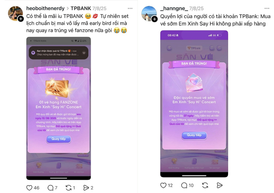 Chỉ với vài thao tác trên App TPBank, khách hàng đã có thể tham gia quay số và “ẵm” ngay cơ hội sở hữu tấm vé concert Em Xinh “Say Hi” miễn phí Chỉ với vài thao tác trên App TPBank, khách hàng đã có thể tham gia quay số và “ẵm” ngay cơ hội sở hữu tấm vé concert Em Xinh “Say Hi” miễn phí
