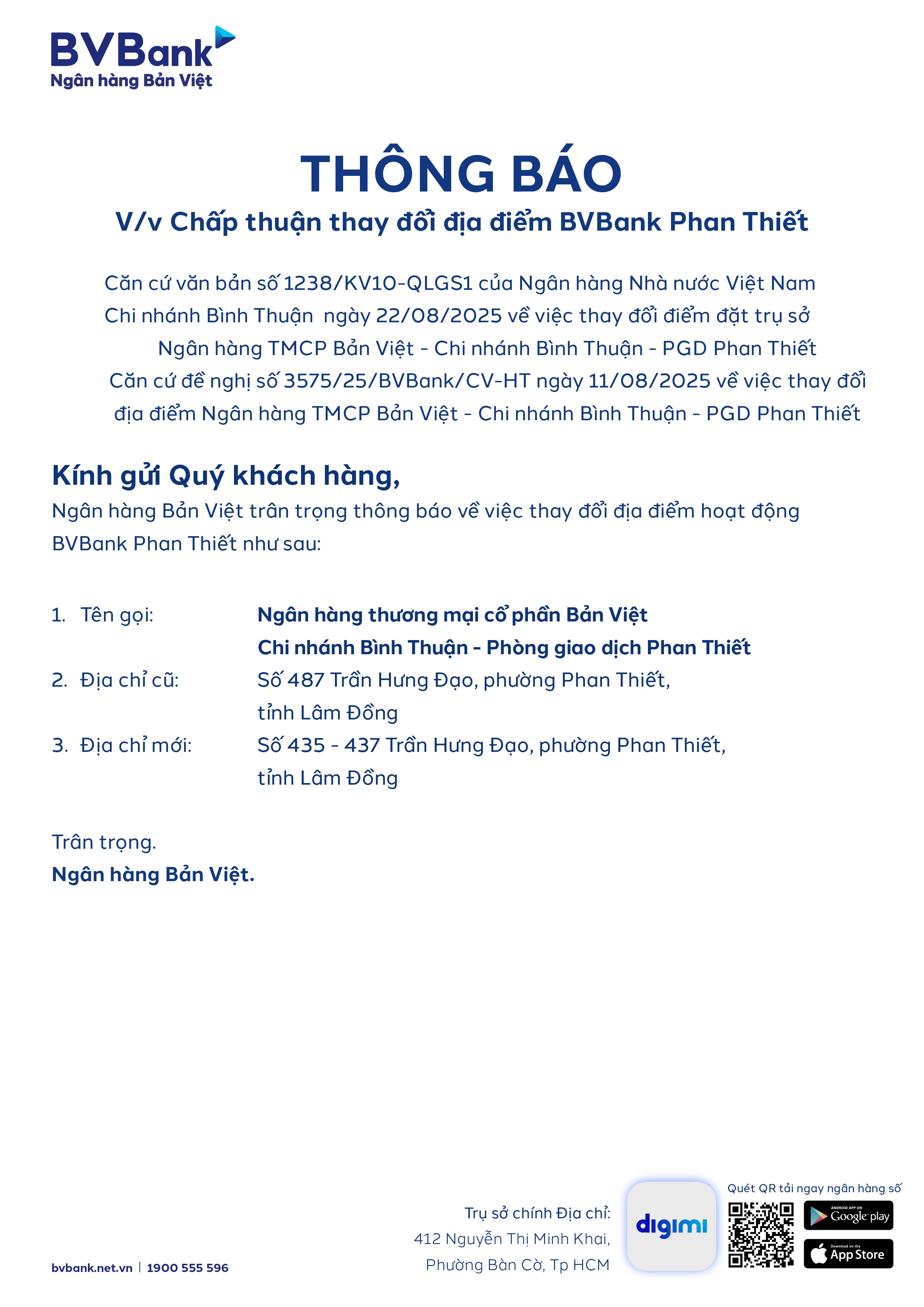 Thông báo thay đổi địa điểm BVBank Phan Thiết Thông báo thay đổi địa điểm BVBank Phan Thiết