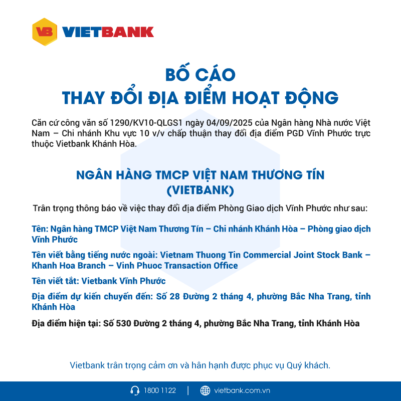 Bố cáo thay đổi địa điểm hoạt động Vietbank Vĩnh Phước Bố cáo thay đổi địa điểm hoạt động Vietbank Vĩnh Phước