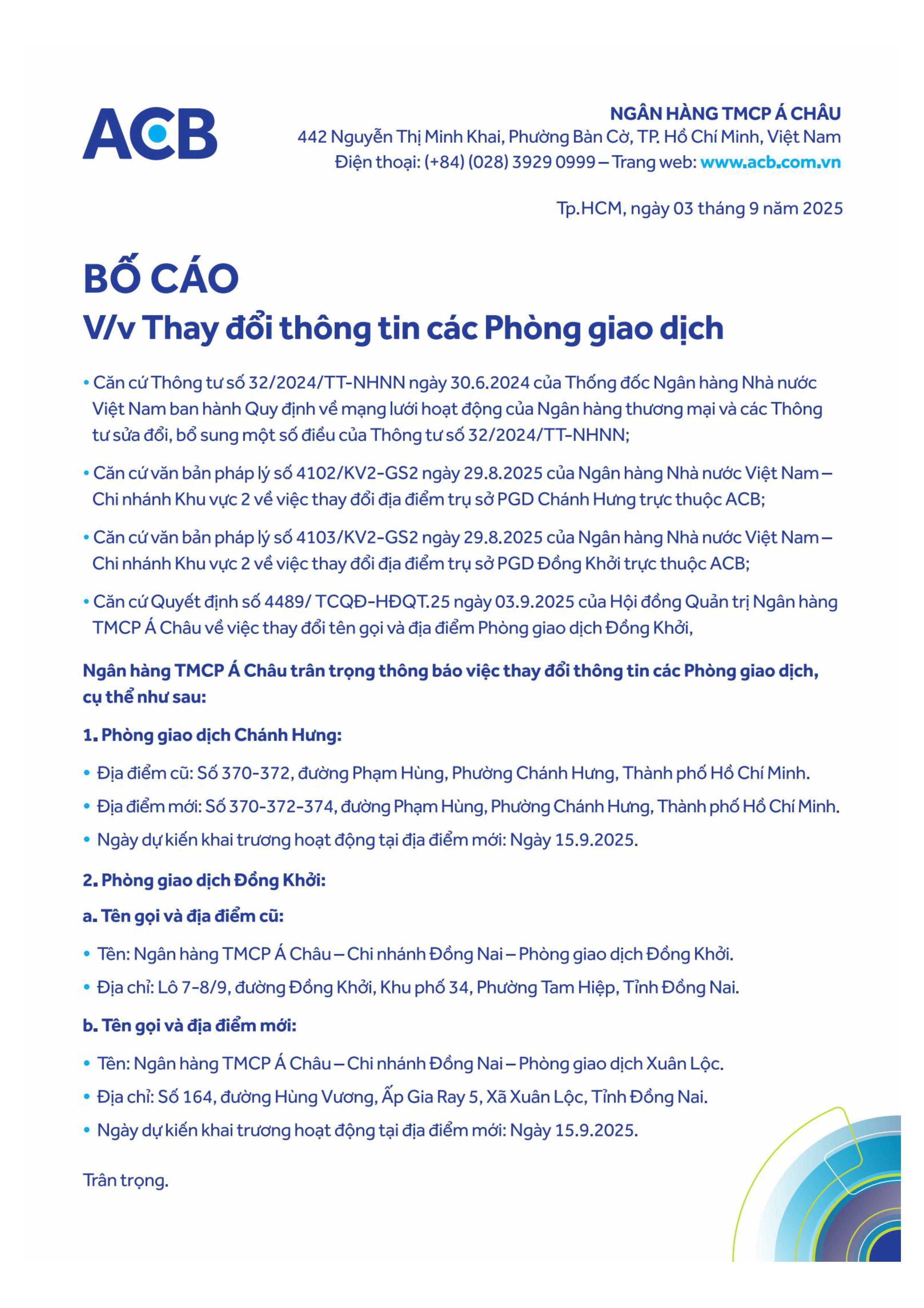 ACB bố cáo thay đổi thông tin PGD Chánh Hưng và PGD Đồng Khởi