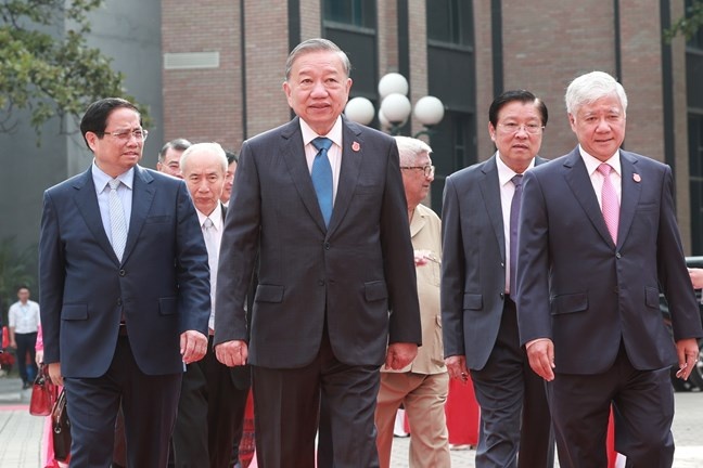 Tổng Bí thư Tô Lâm, Thủ tướng Chính phủ Phạm Minh Chính và các đồng chí lãnh đạo Đảng, Nhà nước dự Đại hội - Ảnh: VGP/ Nhật Bắc